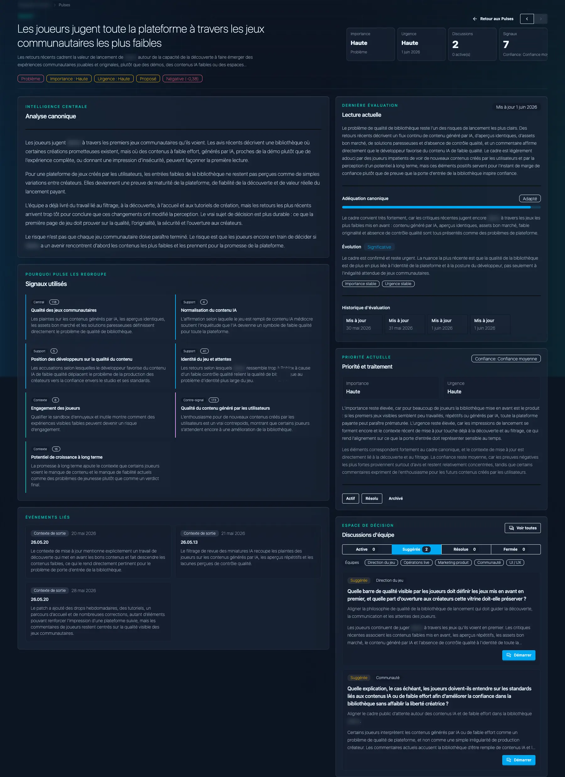 Interface d'Analyse Pulse montrant une lecture actuelle, une analyse canonique, les signaux utilisés, l'historique d'évaluation et le contexte de priorité.